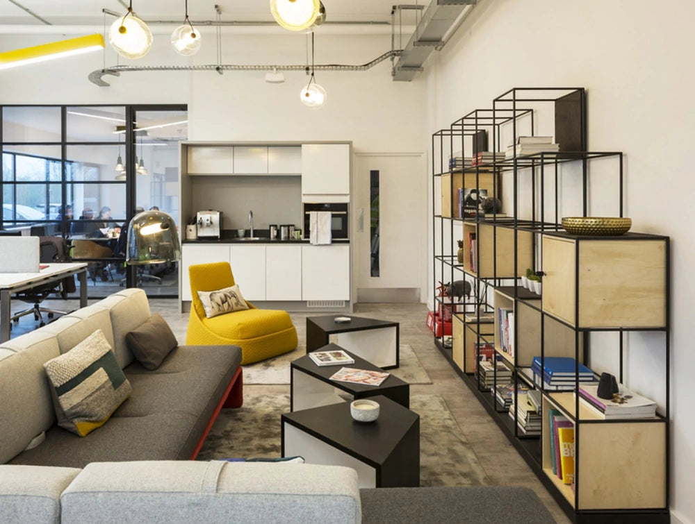 Palisades Metal Grid Office Space Dividers With Storage Locker In Break Kitchen Area