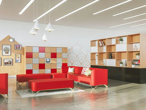 Palisades Wooden Grid Room Dividers Relaxing Area With Hotlocker Agile And Red Sofas