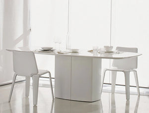 Pedrali Aero Table With Rectangular Base 6 In White Finish With White Chairs In Dining Area