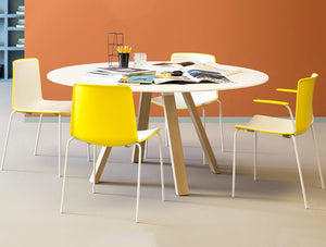 Pedrali Arki Round Table With Steel Trestle Legs 2 In White Top Finish With Yellow Chair In Cafeteria
