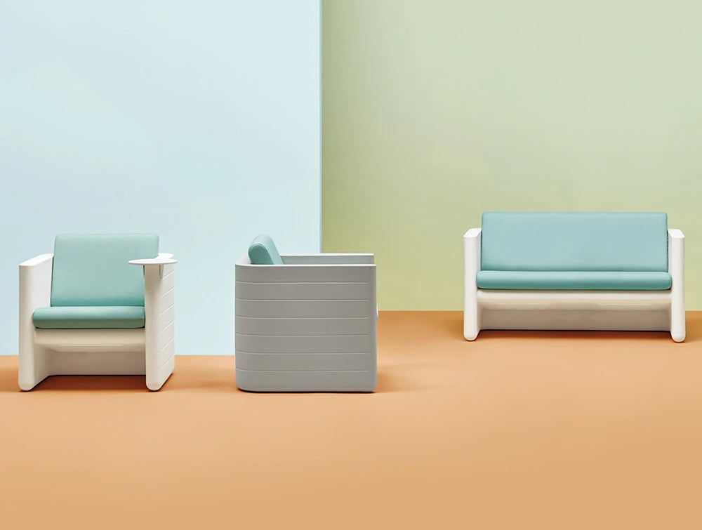 Pedrali Sunset Modular Two Seater Polyethylene Sofa 8 In Grey Frame With Armchairs In Indoor Setting