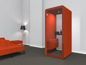 Penelope Acoustic Work Booth With Glass Back Walls And Vibrant Orange Upholstered Finish