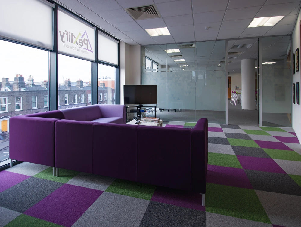 Pexlify Office Interior Purple Sofas With Contrast Floor Mat