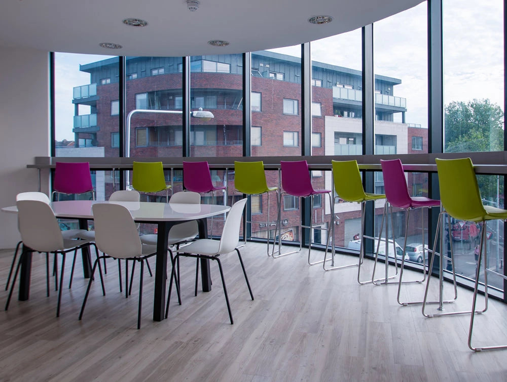 Pexlify Office Interior White Canteen Table And Chairs With High Stools