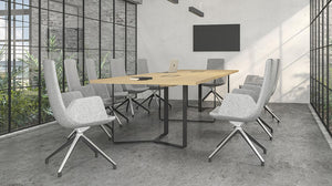 Narbutas Plana Boardroom Table With Metal Legs With Grey High Back Armchair And Acoustic Ceiling Lights In Meeting Room Setting