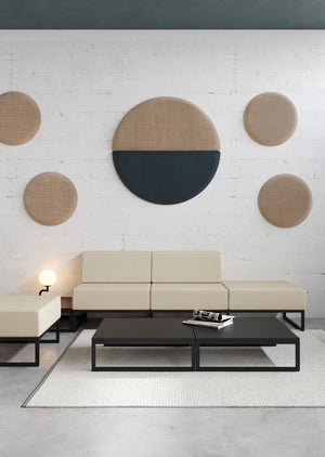 Plint Upholstered Modular Sofa with Coffee Table in Reception Setting