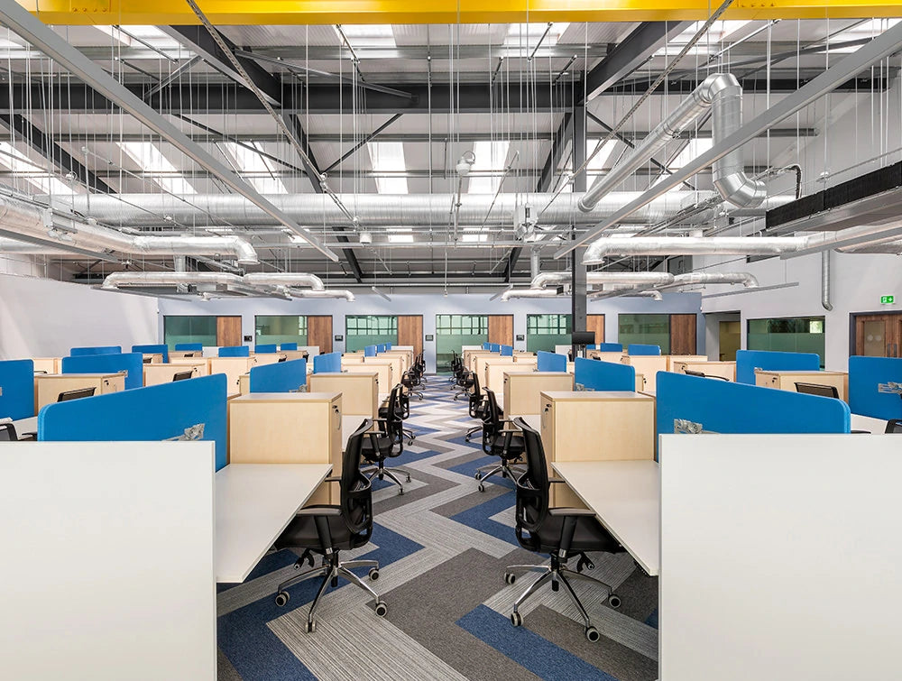 Precision Office Sit Stand Desks With Acoustic Screens And Ergonomic Black Chairs Design And Layout By Radius Office