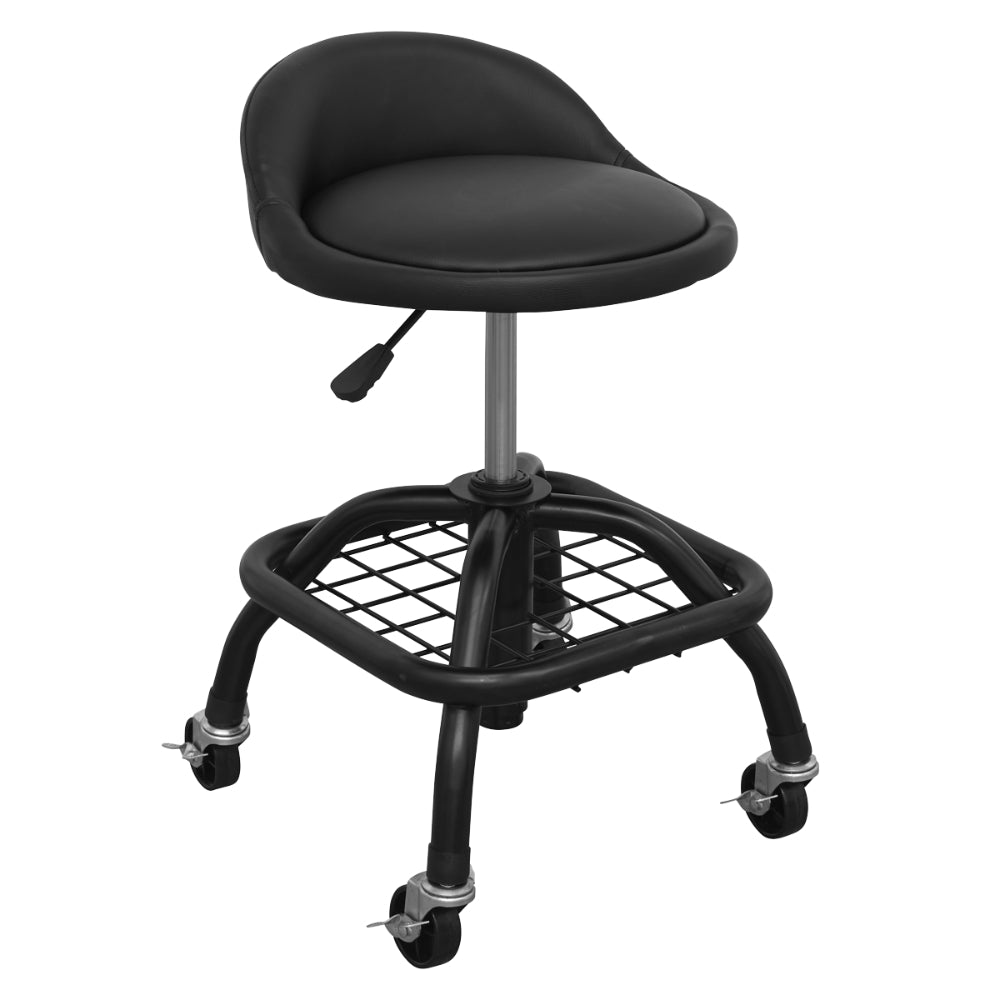 Premier Industrial Pneumatic Creeper Stool with Adjustable Height Swivel Seat & Back Rest - Round Bar