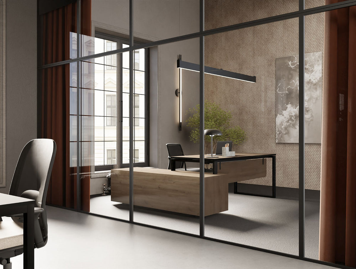 Profil Executive Table with Side Credenza Storage in Oak Finish with Vela Ergonomic Chair and Contour Ergonomic Chair in Modern Office Setting 2