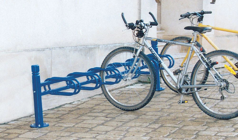 Province City Modular Bicycle Rack in Blue Finish with Bicycle in Outdoor Setting