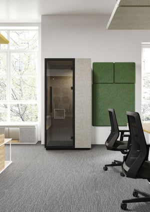 Quadra Acoustic Phone Booth with Ergonomic Chair and Bench in Office Setting