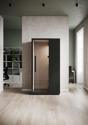 Quadra Acoustic Phone Booth with Ergonomic Chair and Shelves in Office Setting