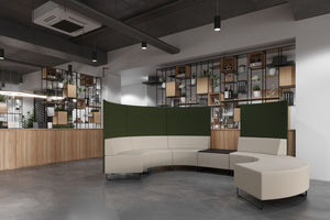 Quadra Acoustic Soft Modular Seating with Bookshelves in Reception Setting