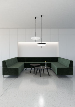 Quadra Acoustic Soft Modular Sofa with Coffee Table and Ceiling Light in Reception Setting