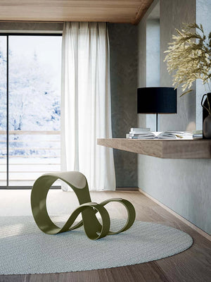Quadrifoglio Moon Copernican Chair In Green Finish With Wooden Wall Shelves And Black Table Lamp In Living Room Setting