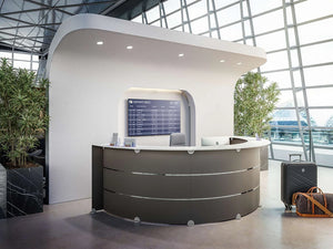 Quadrifoglio Reception Glass Reception Desk In Gray Boardroom Chair And Luggages In Airport Setting
