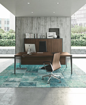 Quadrifoglio X9 Executive Desk In Wooden Top Finish With 2 Toned Armchair And Wooden Cupboard In Office Setting