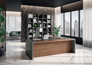 Quadrifoglio E 10 Executive Desk In 2 Toned Finish With Grey Bookshelves And Black Boardroom Chair In Office Setting