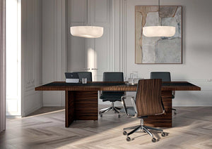 Quadrifoglio E 10 Executive Desk In Ebony Finish With White Ceiling Lamp And 2 Toned Armchair In Office Setting