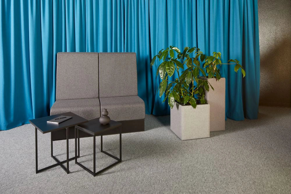 Quick Square Reception Table in Black with Grey Modular Seating and Grey Acoustic Planter
