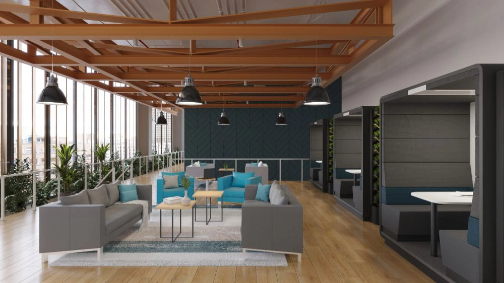 Quick Square Reception Table in Oak Top with Grey and Blue Sofa in Lounge Setting