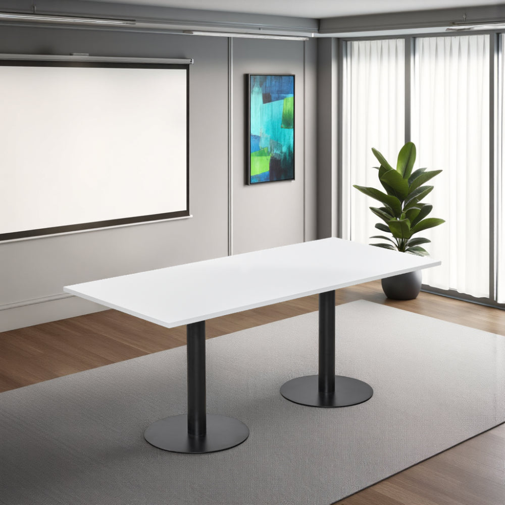Rectangular White Top Dining Conference Table with Retractable White Presentation Screen in Modern Meeting Room Setting