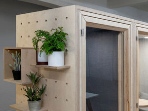 Residence Meet Wooden Box Acoustic Meeting Pod Side Details with Wooden Planks and Box for Plants
