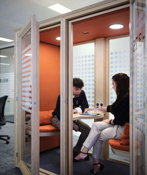 Residence Meet Wooden Box Acoustic Meeting Pod with Orange Interiors