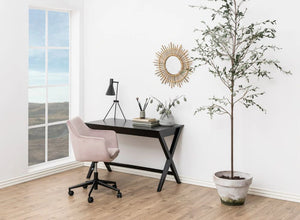 Rosalind Home Office Desk Black Lacquered Oak 5 with Pink Armchair in Study Area Setup