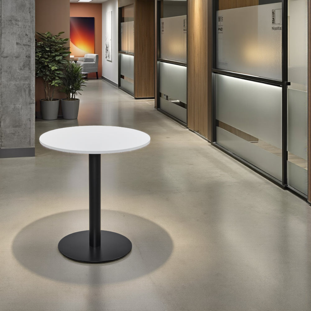 Round White Top Poseur Table in Breakout Area