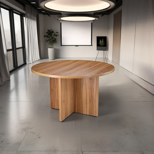 Round Wooden Arrowbase Table with Indoor Plant in Modern Office Setting