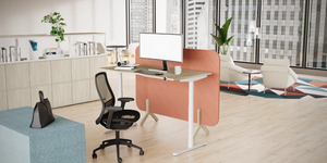 RoundE Bamboo Sit Stand Desk with Mesh Back Armchair and Orange Freestanding Screen in Modern Office Setting