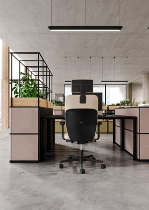 Saar Modules Metal Shelving Unit with Cupboard and Ergonomic Chair in Office Setting