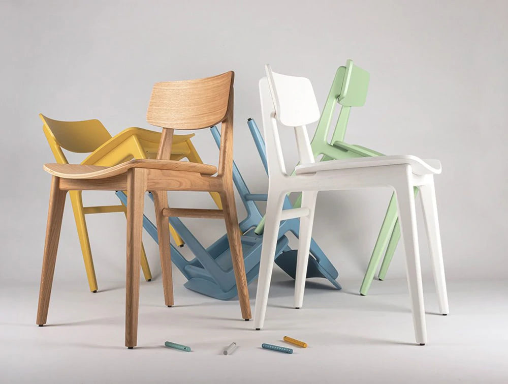 Scandi Wooden 4 Legged Meeting Room And Canteen Chair In Yellow White Blue Green And Natural Oak