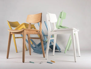 Scandi Wooden 4 Legged Meeting Room And Canteen Chair In Yellow White Blue Green And Natural Oak