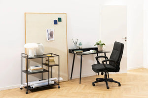 Sebastian Home Office Desk Ash Black 8 with Black Armchair and Black Side Table with Castors