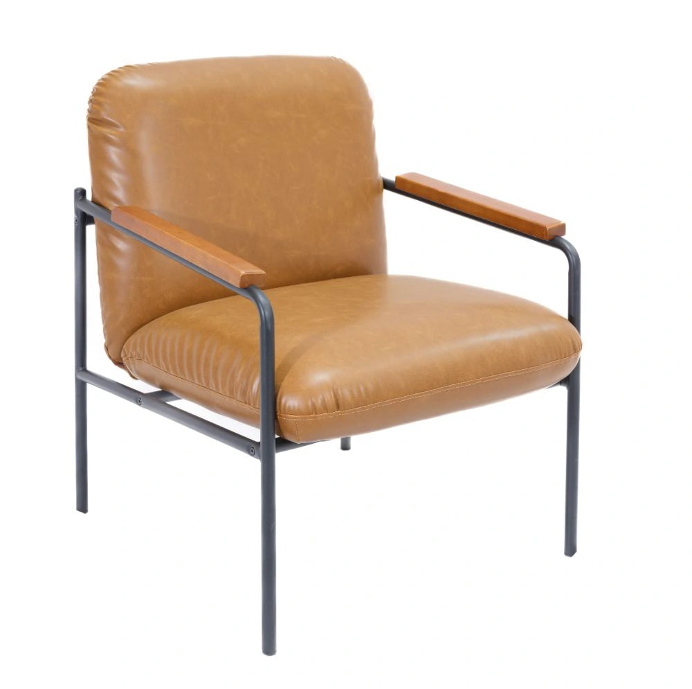 Settle Reception Chair with Wooden Arm Pads in Black Wire Frame - Brown PU/Dark Brown
