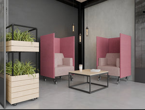 Snug Mobile Armchair with High Back in Pink Finish with Oasis 2 Level Mobile Planter in Lounge Area Setting