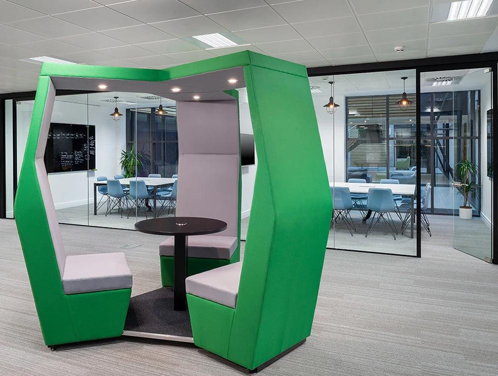 Social Talent Office Breakout Area Layout Jdd Bill Green 3 Seater Meeting Pod With Coffee Table And Overhead Led Lights