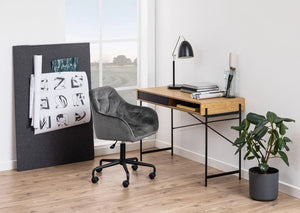 Sophia Home Office Desk Wild Oak 6 with Grey Armchair and Grey Acoustic Screen in Home Office Setting