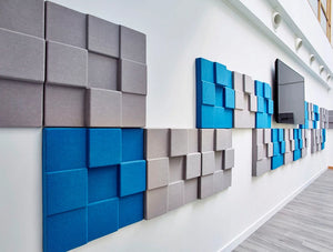 Soundtect Recycled Cubism Acoustic Wall Panel In Grey And Blue Recycled Finish With Wall Mounted Screen