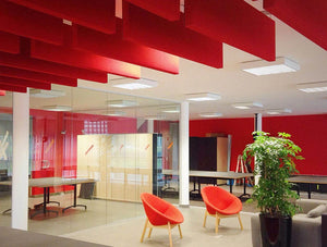 Soundtect Recycled Hanging Acoustic Panel Class with Funky Red FInish for Meeting Rooms and Canteens