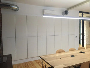 Soundtect Recycled White Wall Hanging Acoustic Panel Class in Meeting Room with Wooden Table