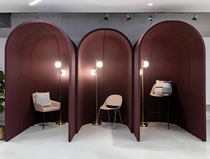 Spacestor Arcadia Cloister Workspace Partition System In Burgundy With Different Chairs And Lamp