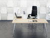 Spacestor Circa Table 6 In Wood Top Finish With Black Office Chair And Table Lamp On Top