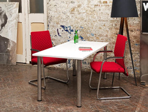 Spacestor Osborne Meeting Table 6 In Rectangular Variant With Red Chair And Floor Standing Lamp
