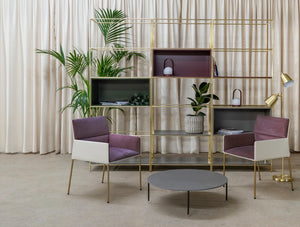 Spacestor Palisades Luxe Zone Divider 2 In Gold Finish With Purple Chair And Grey Coffee Table
