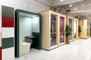Spacestor Portals Individual Working Space in Dark Green Finish with Meeting Booths and Colourful Lockers