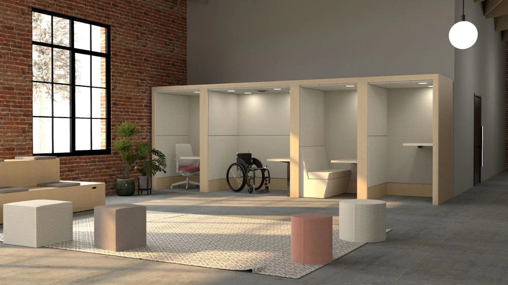 Spacestor Portals Individual Working Space with Round and Square Pouffes and Modular Seating Unit