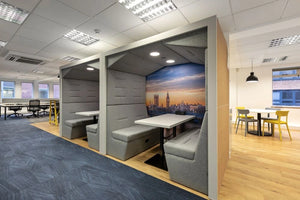Spacestor Railway Carriage Wooden Framed Acoustic Meeting Pod in Grey Finish with Square Table and Coloured Dining Chair